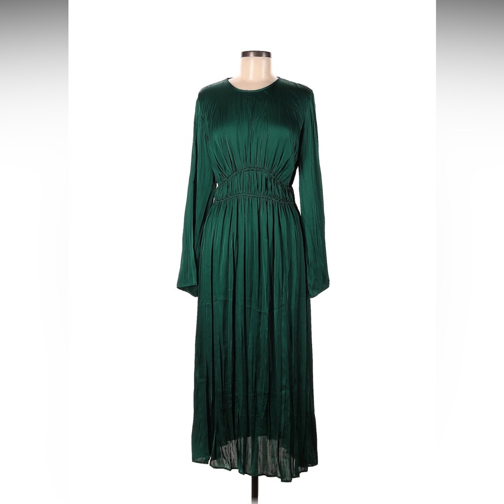 M&S Collection Green Satin Patternless‎ Long Sleeve Dress Size 10 New